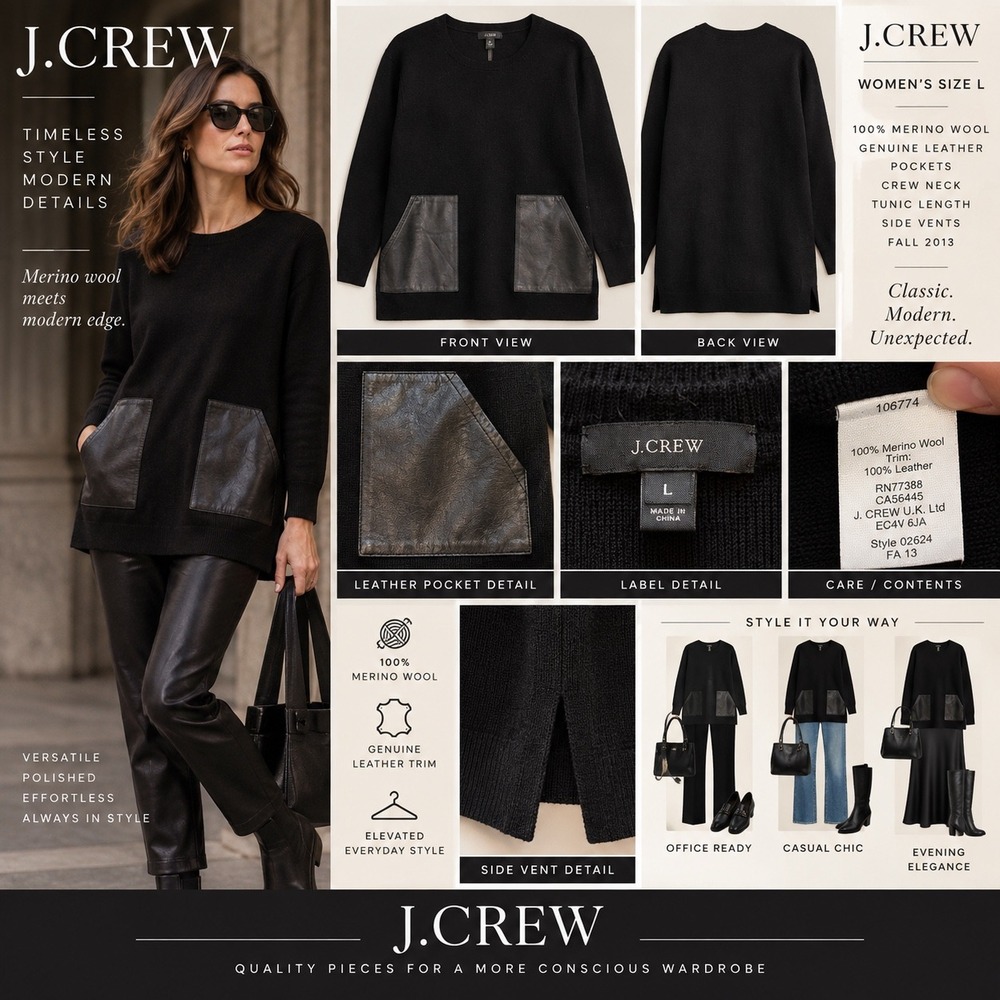 J.Crew Women L Black Merino Wool Leather Pocket Tunic Sweater Fall 2013 02624
